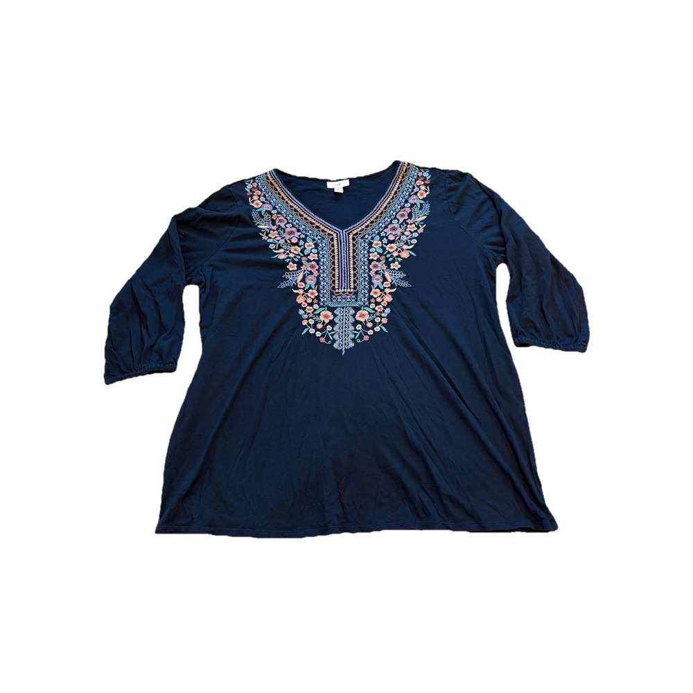 J. Jill Top Women's Large Blue Embroidered Mixed Media 3/4 Sleeve Peasant Boho